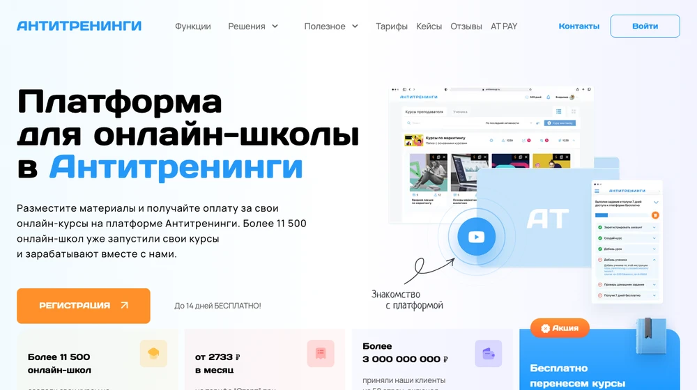 Главная страница Антитренингов: платформа для онлайн-школы, до 14 дней бесплатно