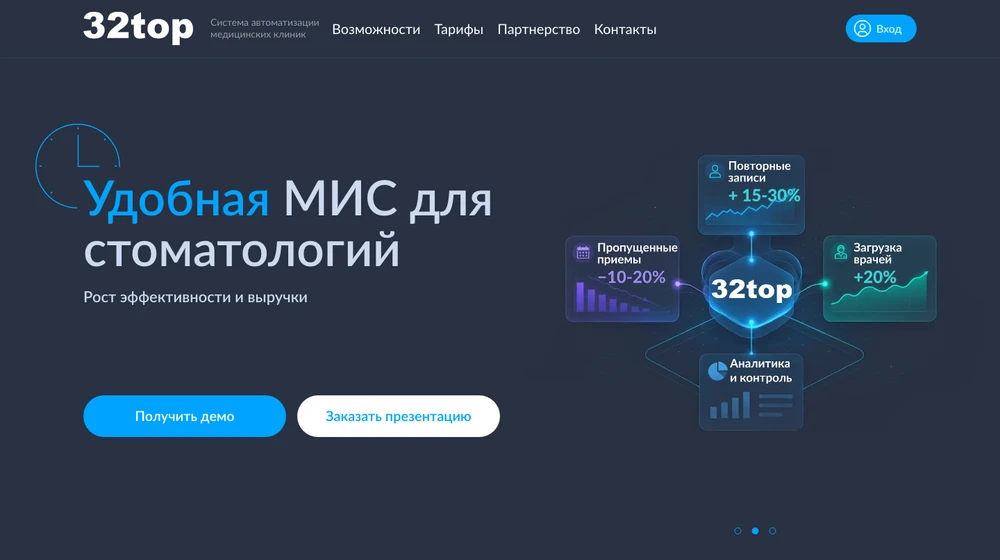 Главная страница МИС 32top: облачная программа для стоматологий