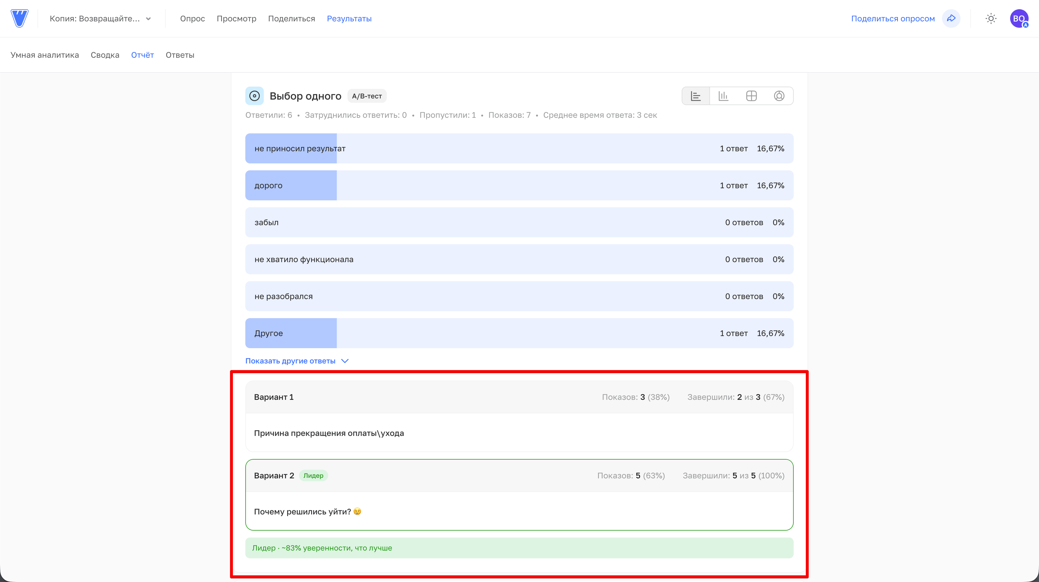 Отчёт A/B-теста с результатами по двум вариантам опроса, подсвеченным лидером и уровнем статистической значимости