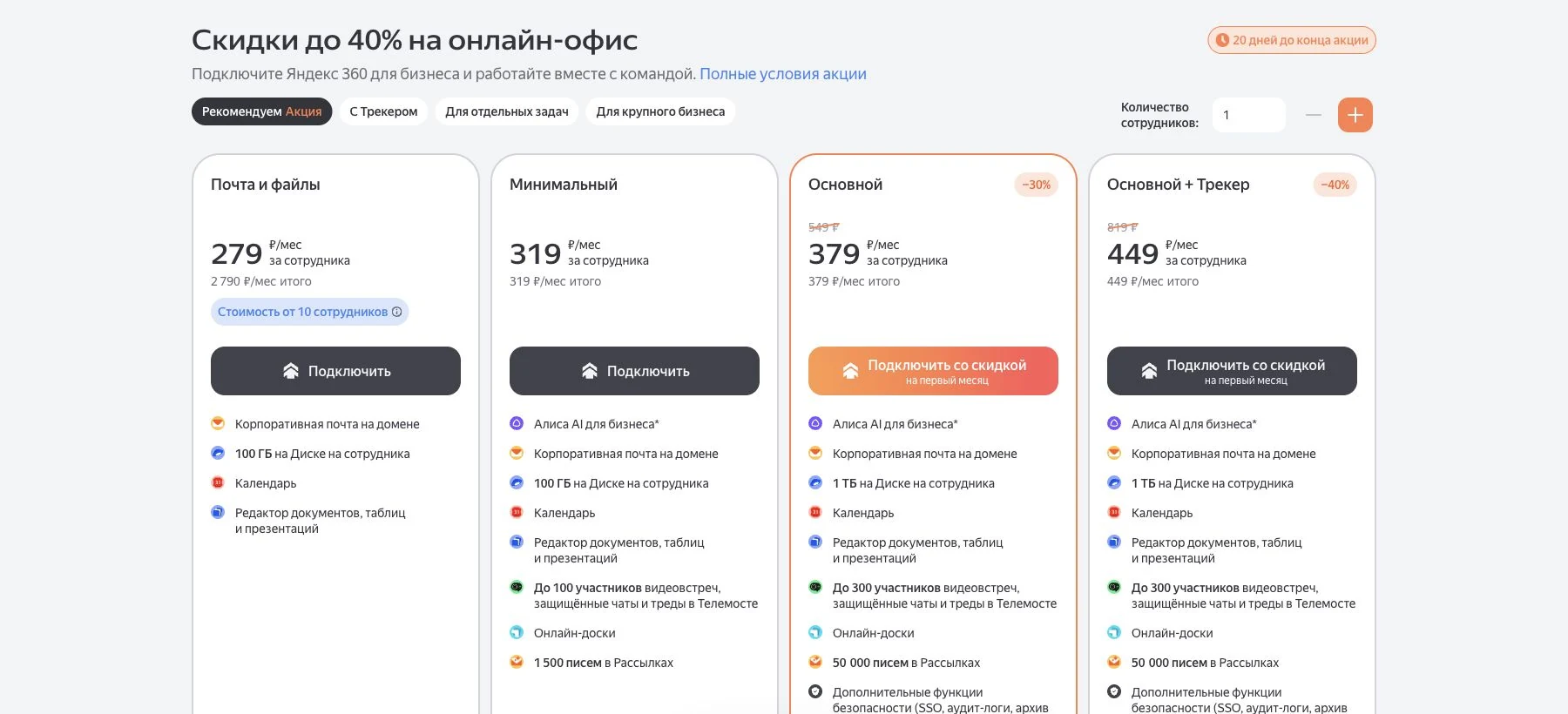 Тарифная страница Яндекс 360: Почта и файлы и Минимальный, цены за сотрудника и минимальное число лицензий
