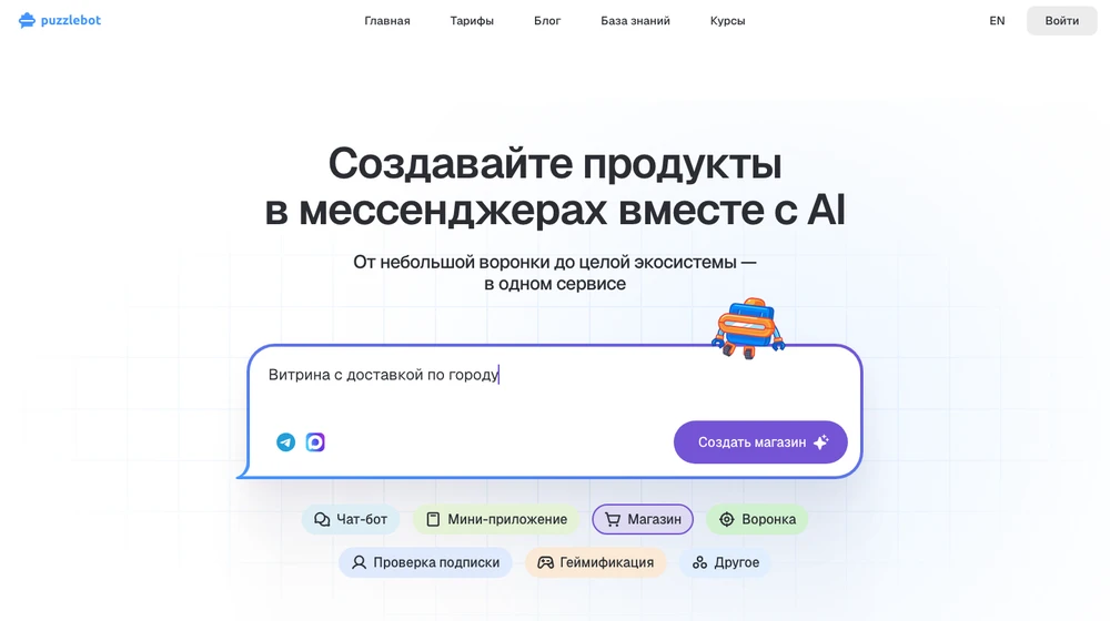Главная страница PuzzleBot: создание чат-ботов, мини-приложений и магазинов для Telegram и MAX