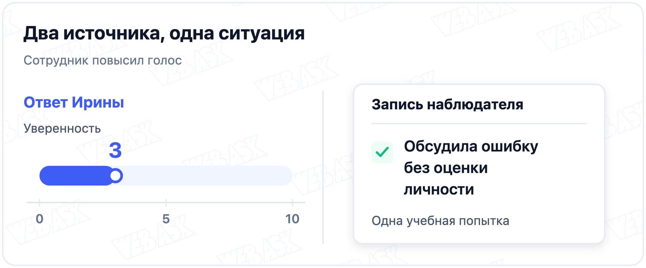 В учебной ситуации с повышенным голосом Ирина оценила уверенность на 3 из 10, но в ролевом задании обсудила ошибку без оценки личности; самоотчёт и наблюдение показаны раздельно