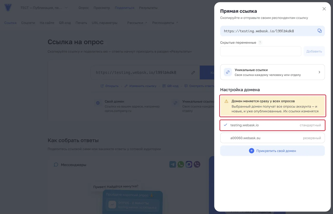 Стандартный адрес и предупреждение об изменении общего домена.