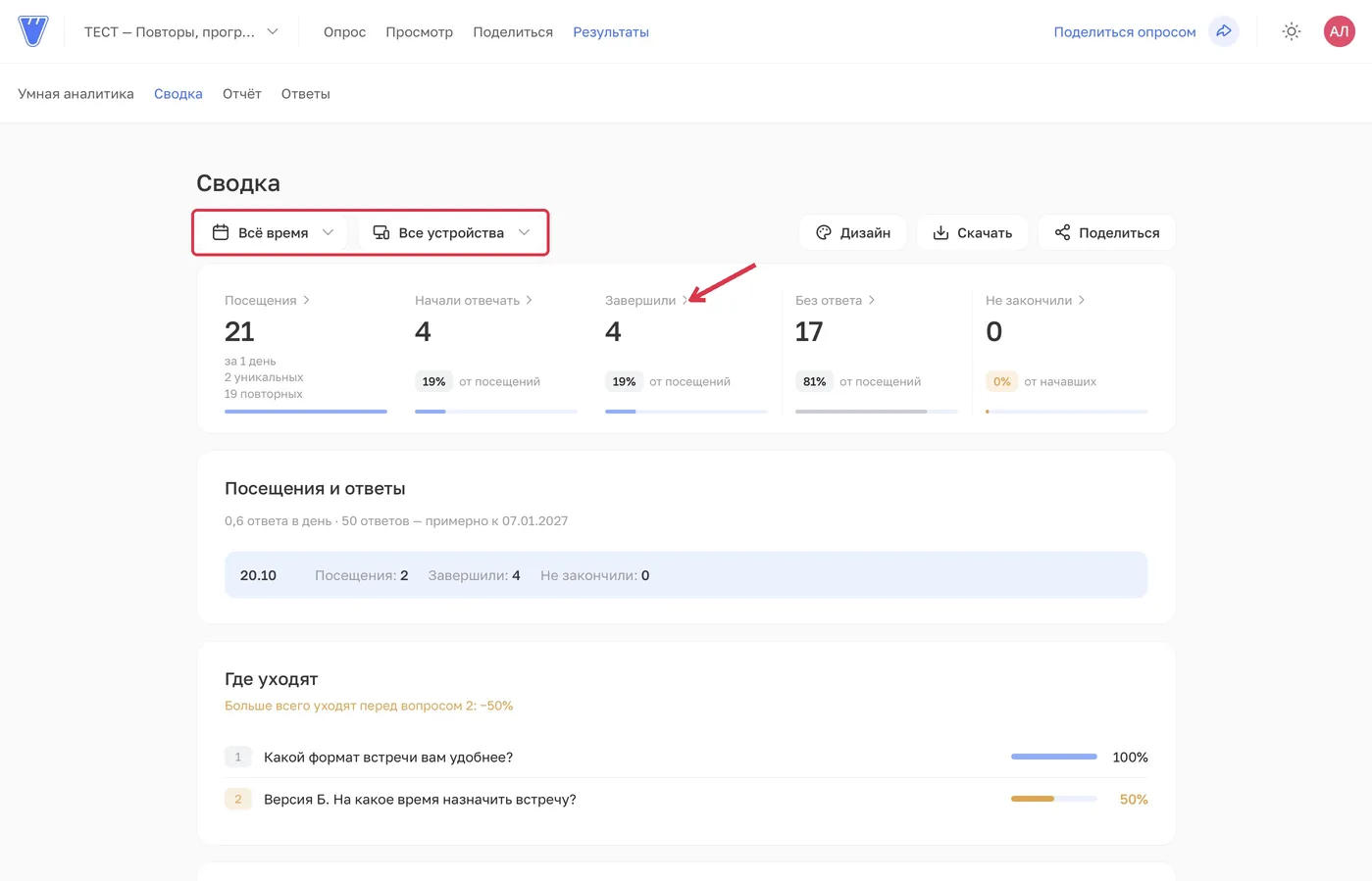 Период и устройство задают выборку. Нажмите показатель, чтобы открыть журнал посещений.