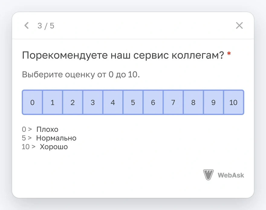 Мини-опрос: шкала NPS от 0 до 10 «Порекомендуете наш сервис коллегам?»